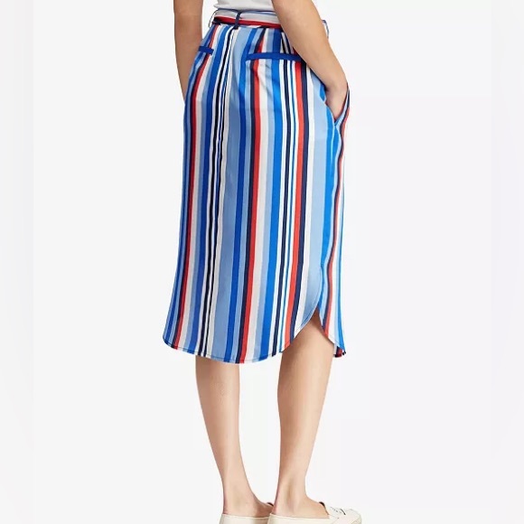 NWT Ralph Lauren Satin Striped Knee Length Belted Skirt Size 4 Blue, Red & White - Picture 2 of 10